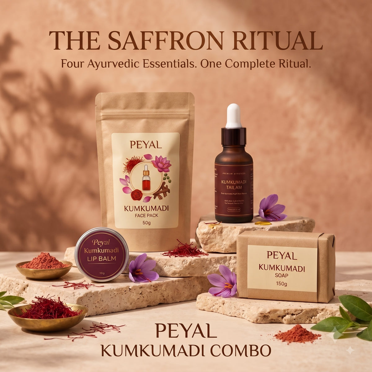 Peyal Kumkumadi Combo — Tailam + Face Pack + Lip Balm + Soap