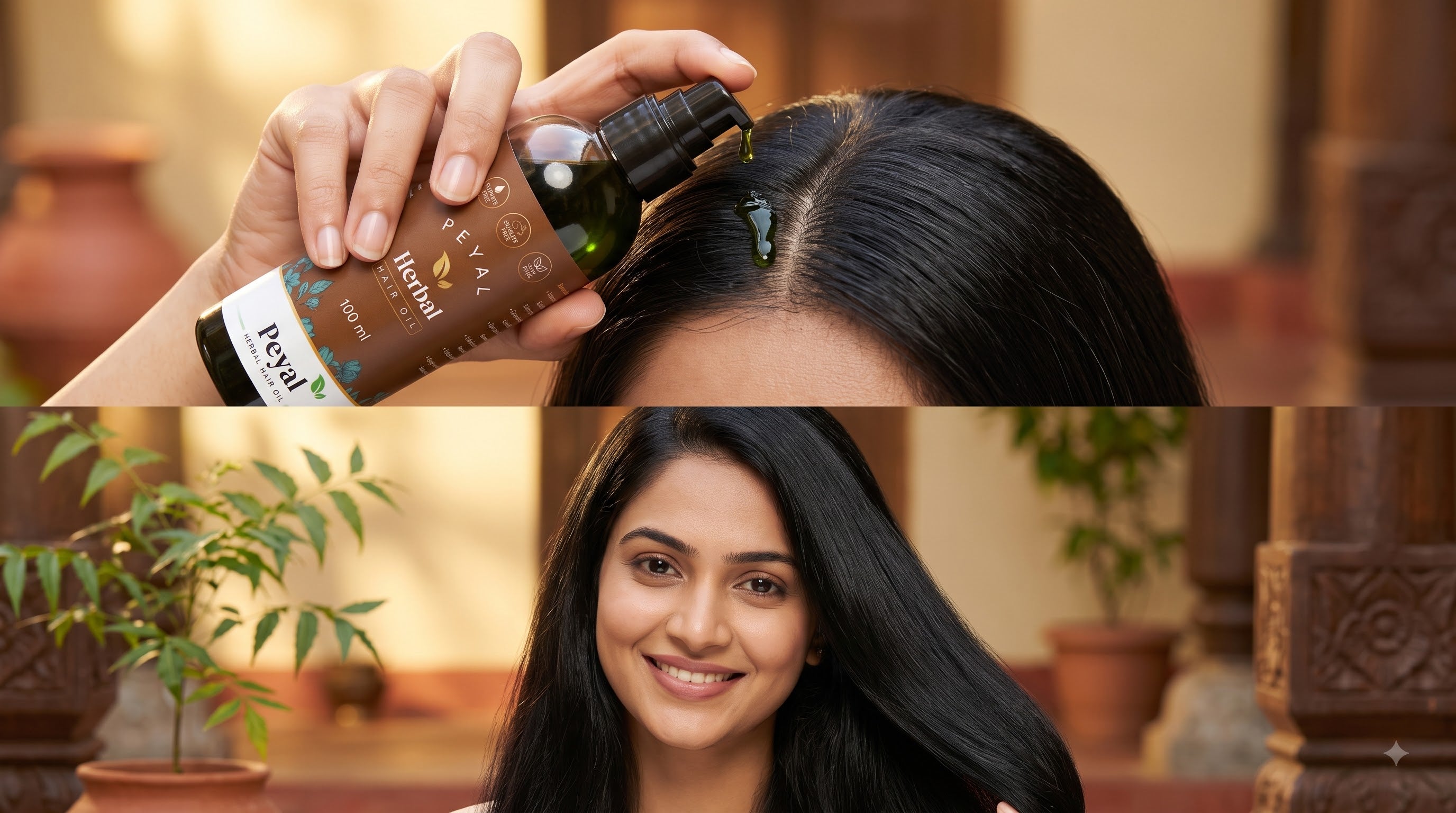 Applying Peyal hair oil to scalp - visible results