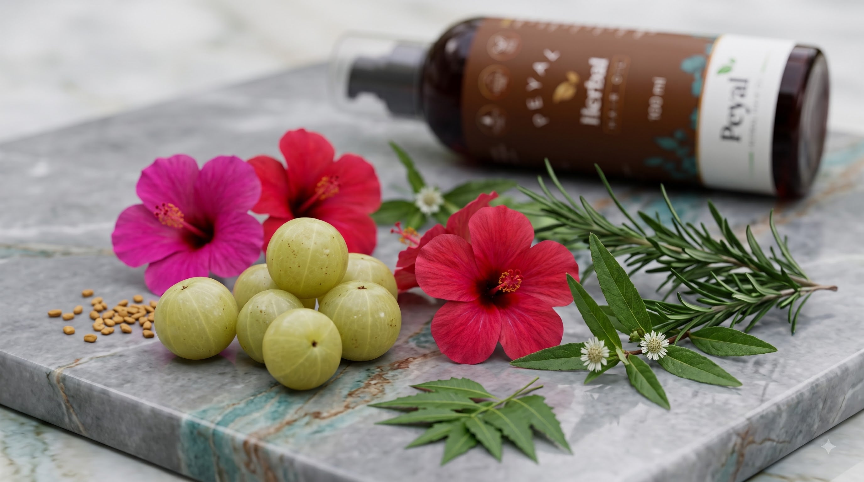 Raw ingredients - hibiscus, amla, fenugreek, rosemary, neem, bhringraj