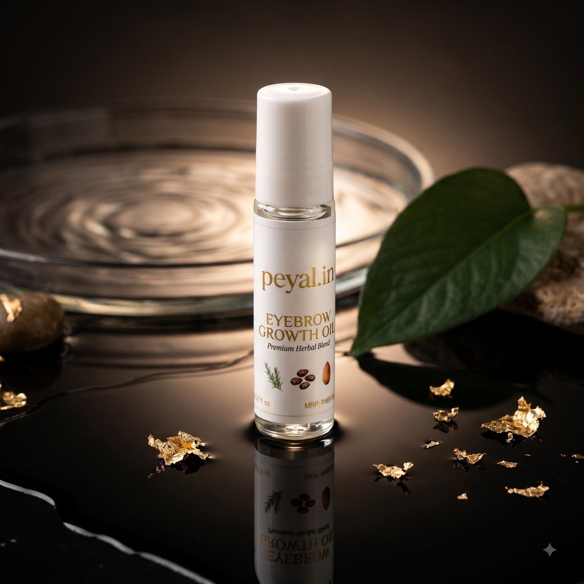 Peyal Eyebrow Growth Oil 8 ml bottle on a dark reflective surface with a betel leaf and gold leaf