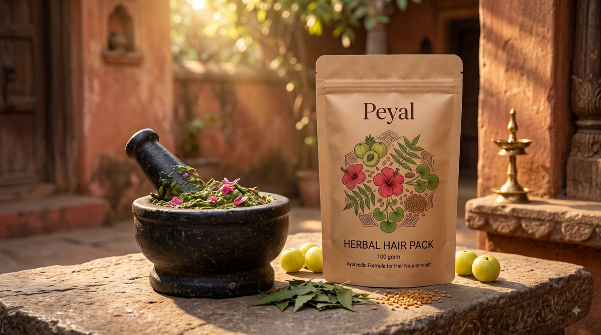 Herbal hair pack herbs ground with mortar and pestle