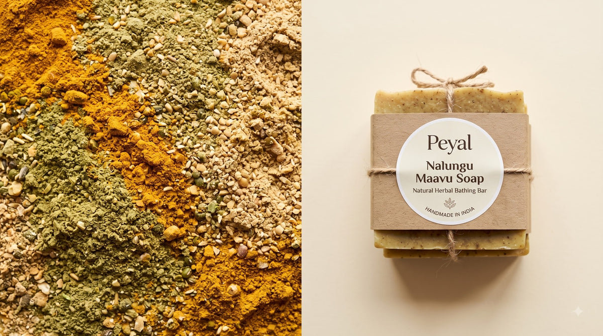 Nalungu Maavu Soap bar with the herbal powder it is made from