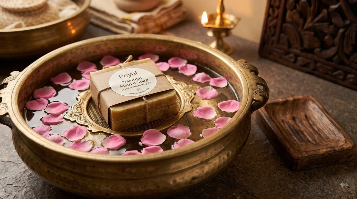 Peyal Nalungu Maavu Soap in a traditional brass uruli